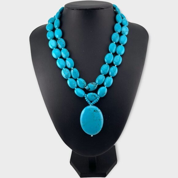 Double Stand Turquoise Necklace Large Gemstones Sterling Silver Closure NEW - Picture 1 of 9